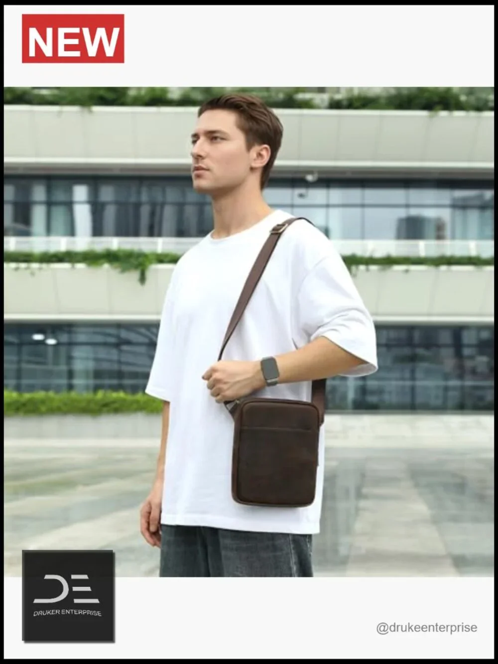 Mini Genuine Leather Messenger Shoulder Bag for Men with Multiple Zipper Pockets
